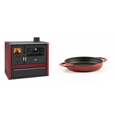 Set Küchenofen / Küchenhexe Prity GT Rot, mit Schublade, Leistung 15 kW + Emaillierte gusseisenpfanne mit zwei Griffen Solagio, Rubin, Ф16cm - Kaminofen - Holzofen mit Backfach