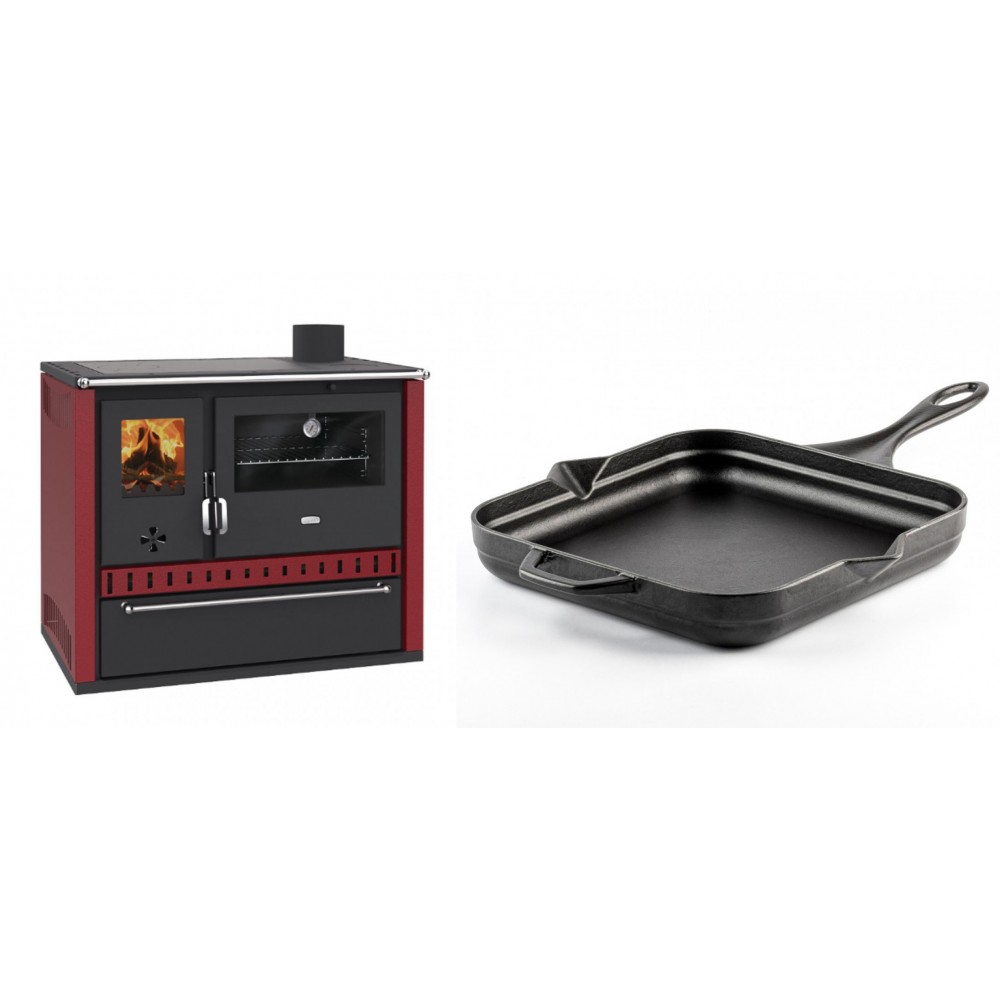 Set Küchenofen / Küchenhexe Prity GT Rot, mit Schublade, Leistung 15 kW + Emaillierte Gusseisenpfanne Solagio, Black Onyx, 28x28cm | Kaminofen - Holzofen mit Backfach | Kaminofen |