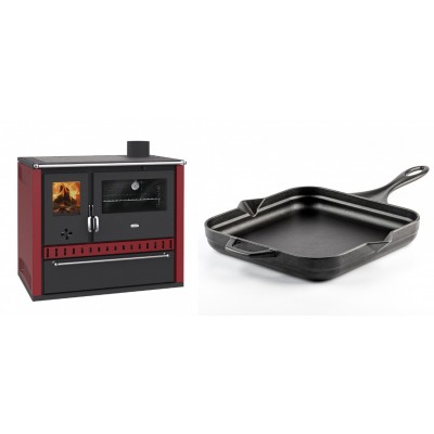 Set Küchenofen / Küchenhexe Prity GT Rot, mit Schublade, Leistung 15 kW + Emaillierte Gusseisenpfanne Solagio, Black Onyx, 28x28cm - Kaminofen - Holzofen mit Backfach