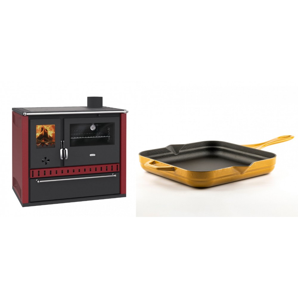 Set Küchenofen / Küchenhexe Prity GT Rot, mit Schublade, Leistung 15 kW + Emaillierte Gusseisenpfanne Solagio, Dijon, 28x28cm | Kaminofen - Holzofen mit Backfach | Kaminofen |