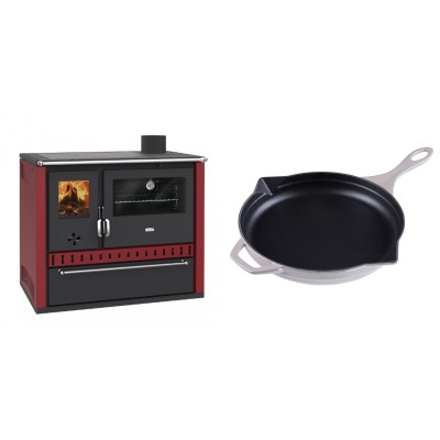 Set Küchenofen / Küchenhexe Prity GT Rot, mit Schublade, Leistung 15 kW + Emaillierte Gusseisenpfanne Solagio, Ivory, Ф28cm - Kaminofen - Holzofen mit Backfach