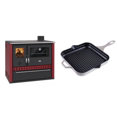 Set Küchenofen / Küchenhexe Prity GT Rot, mit Schublade, Leistung 15 kW + Emaillierte grillpfanne Gusseisen Solagio, Ivory, 28x28cm - Kaminofen - Holzofen mit Backfach