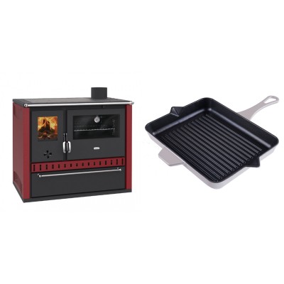 Set Küchenofen / Küchenhexe Prity GT Rot, mit Schublade, Leistung 15 kW + Emaillierte grillpfanne Gusseisen Solagio, Ivory, 26x32cm - Kaminofen - Holzofen mit Backfach