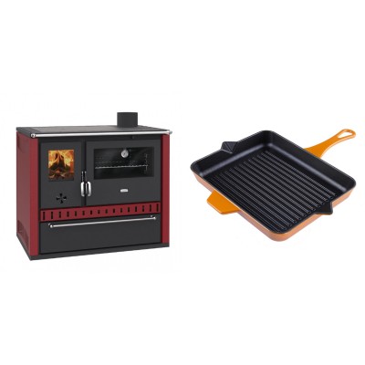 Set Küchenofen / Küchenhexe Prity GT Rot, mit Schublade, Leistung 15 kW + Emaillierte grillpfanne Gusseisen Solagio, Dijon, 26x32cm - Kaminofen - Holzofen mit Backfach