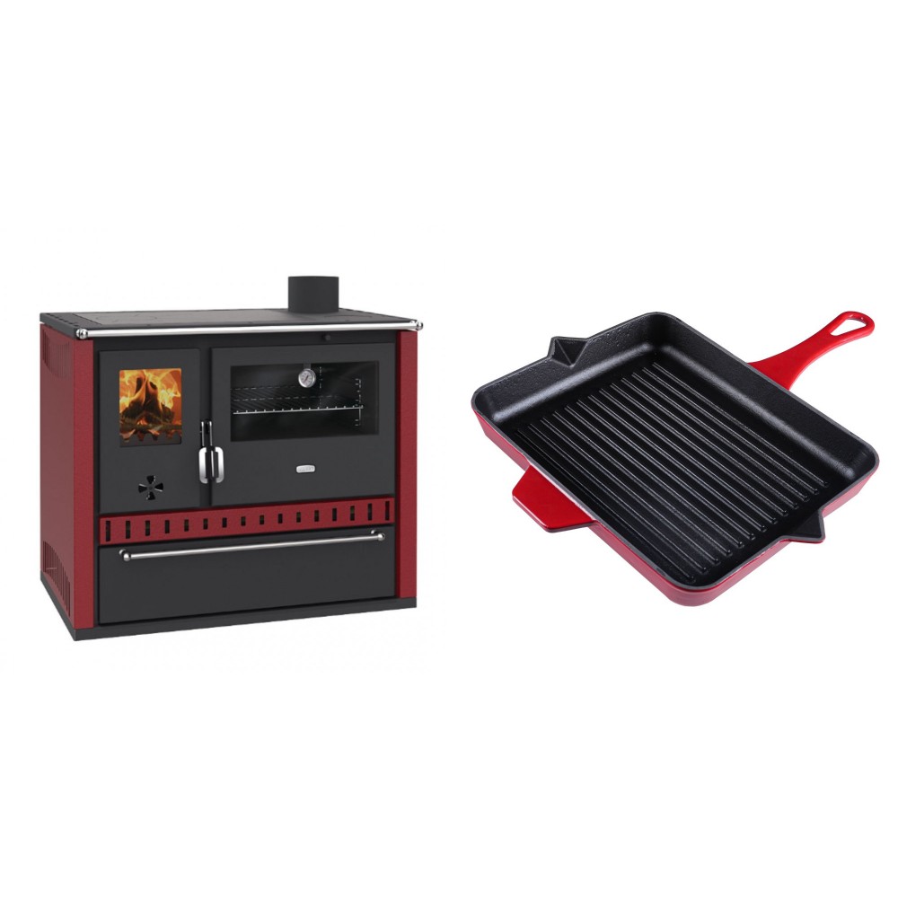 Set Küchenofen / Küchenhexe Prity GT Rot, mit Schublade, Leistung 15 kW + Emaillierte grillpfanne Gusseisen Solagio, Rubin, 26x32cm | Kaminofen - Holzofen mit Backfach | Kaminofen |