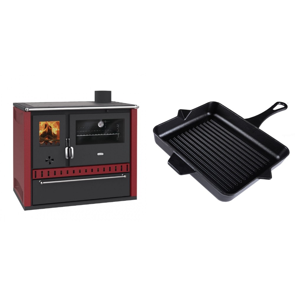 Set Küchenofen / Küchenhexe Prity GT Rot, mit Schublade, Leistung 15 kW + Emaillierte grillpfanne Gusseisen Solagio, Black Onyx, 26x32cm | Kaminofen - Holzofen mit Backfach | Kaminofen |