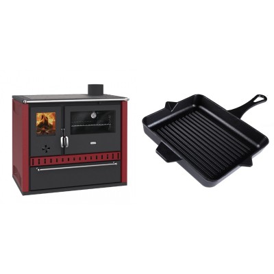 Set Küchenofen / Küchenhexe Prity GT Rot, mit Schublade, Leistung 15 kW + Emaillierte grillpfanne Gusseisen Solagio, Black Onyx, 26x32cm - Kaminofen - Holzofen mit Backfach