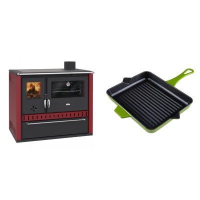 Set Küchenofen / Küchenhexe Prity GT Rot, mit Schublade, Leistung 15 kW + Emaillierte grillpfanne Gusseisen Solagio, Bamboo, 26x32cm - Kaminofen - Holzofen mit Backfach