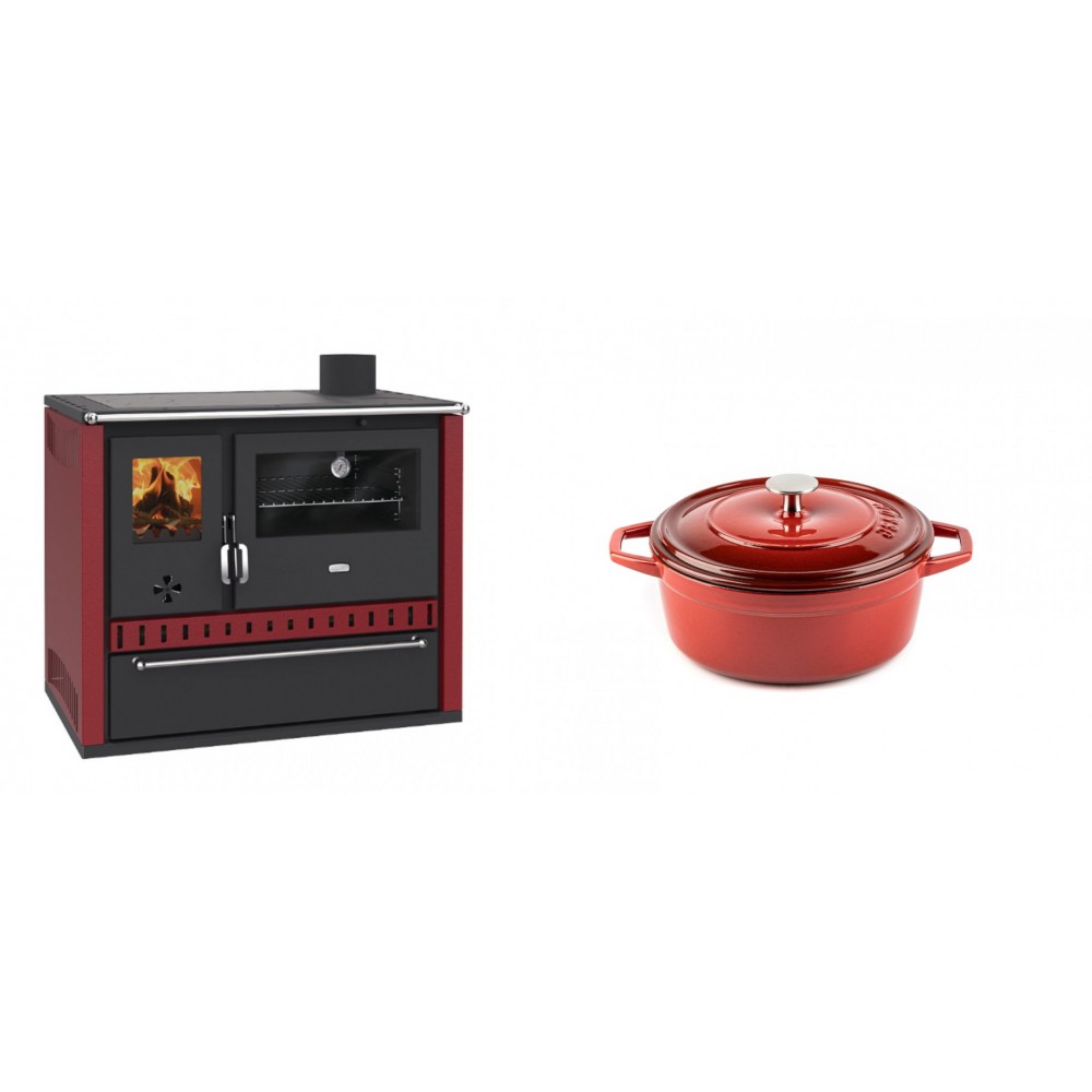 Set Küchenofen / Küchenhexe Prity GT Rot, mit Schublade, Leistung 15 kW + Gusseisen Topf Tiefer Solagio, Rubin, Ф12 | Kaminofen - Holzofen mit Backfach | Kaminofen |