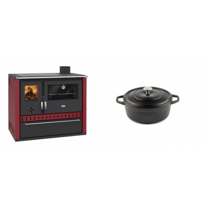 Set Küchenofen / Küchenhexe Prity GT Rot, mit Schublade, Leistung 15 kW + Gusseisen Topf Tiefer Solagio, Black Onyx, Ф12 - Kaminofen - Holzofen mit Backfach