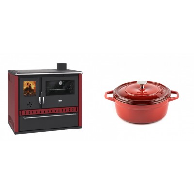 Set Küchenofen / Küchenhexe Prity GT Rot, mit Schublade, Leistung 15 kW + Gusseisen Topf Tiefer Solagio, Rubin, Ф20 - Kaminofen - Holzofen mit Backfach