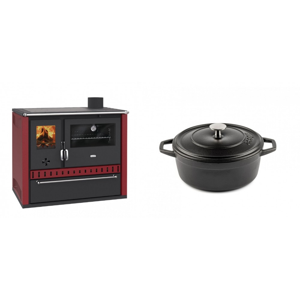 Set Küchenofen / Küchenhexe Prity GT Rot, mit Schublade, Leistung 15 kW + Gusseisen Topf Tiefer Solagio, Black Onyx, Ф20 | Kaminofen - Holzofen mit Backfach | Kaminofen |