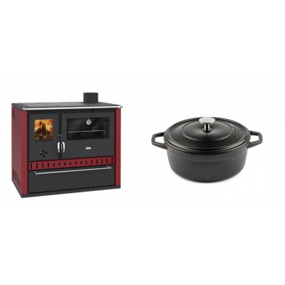 Set Küchenofen / Küchenhexe Prity GT Rot, mit Schublade, Leistung 15 kW + Gusseisen Topf Tiefer Solagio, Black Onyx, Ф20 - Kaminofen - Holzofen mit Backfach