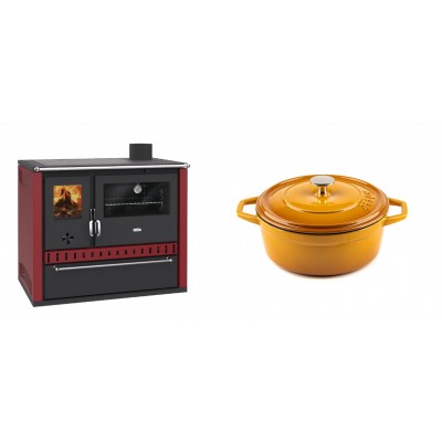 Set Küchenofen / Küchenhexe Prity GT Rot, mit Schublade, Leistung 15 kW + Gusseisen Topf Tiefer Solagio, Dijon, Ф20 - Kaminofen - Holzofen mit Backfach