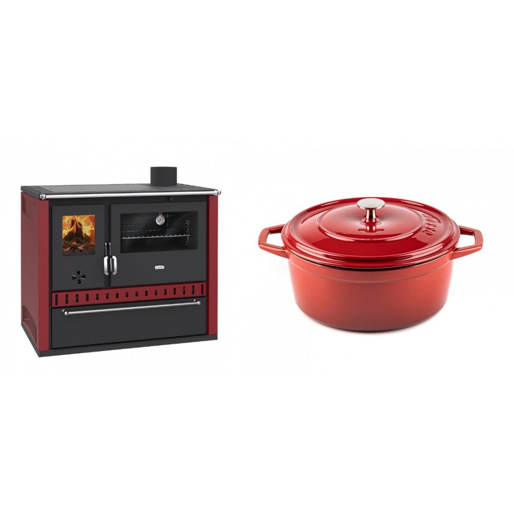 Set Küchenofen / Küchenhexe Prity GT Rot, mit Schublade, Leistung 15 kW + Gusseisen Topf Tiefer Solagio, Rubin, Ф24