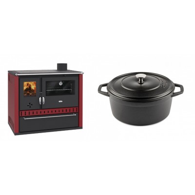 Set Küchenofen / Küchenhexe Prity GT Rot, mit Schublade, Leistung 15 kW + Gusseisen Topf Tiefer Solagio, Black Onyx, Ф24 - Kaminofen - Holzofen mit Backfach