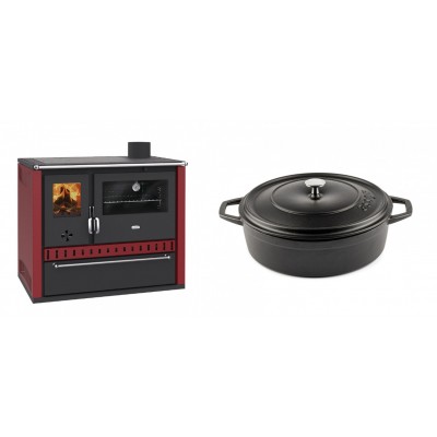 Set Küchenofen / Küchenhexe Prity GT Rot, mit Schublade, Leistung 15 kW + Gusseisen Topf Flach Solagio, Black Onyx, Ф26 - Kaminofen - Holzofen mit Backfach