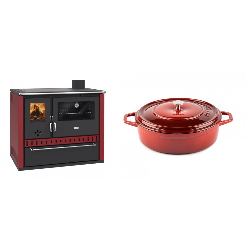 Set Küchenofen / Küchenhexe Prity GT Rot, mit Schublade, Leistung 15 kW + Gusseisen Topf Flach Solagio, Rubin, Ф26 | Kaminofen - Holzofen mit Backfach | Kaminofen |