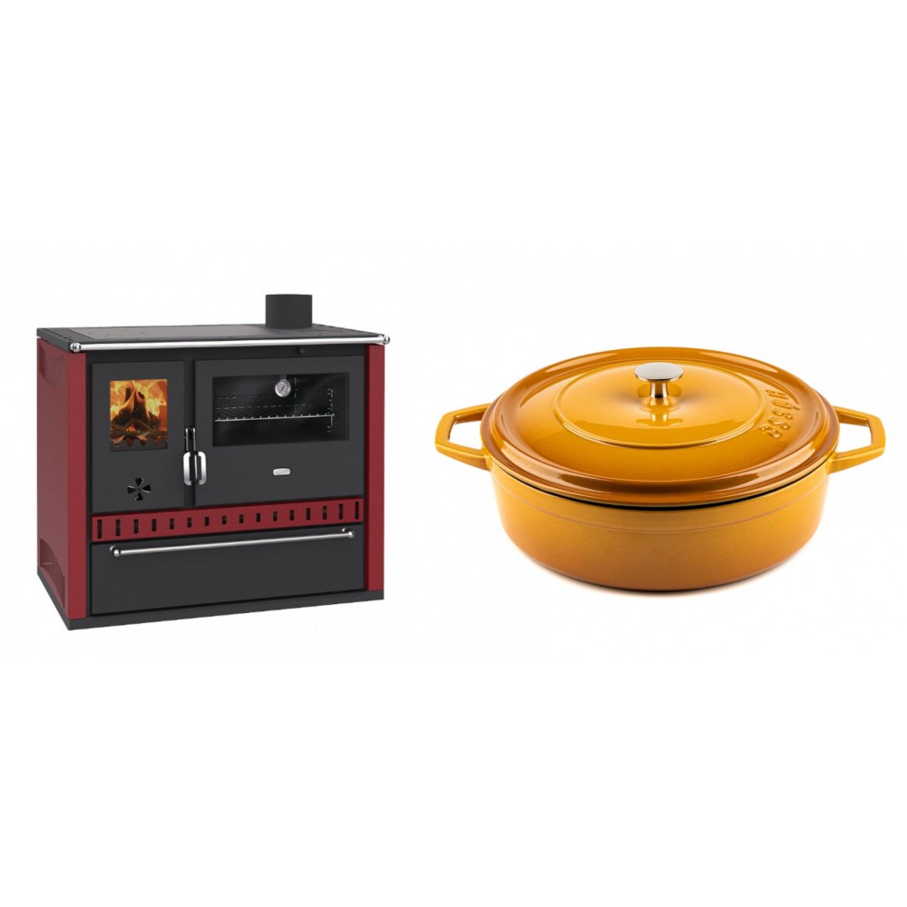 Set Küchenofen / Küchenhexe Prity GT Rot, mit Schublade, Leistung 15 kW + Gusseisen Topf Flach Solagio, Dijon, Ф28 | Kaminofen - Holzofen mit Backfach | Kaminofen |