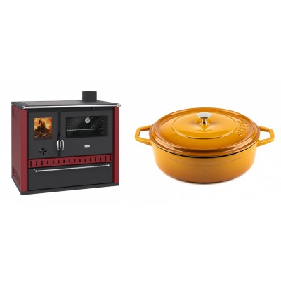 Set Küchenofen / Küchenhexe Prity GT Rot, mit Schublade, Leistung 15 kW + Gusseisen Topf Flach Solagio, Dijon, Ф28 - Kaminofen - Holzofen mit Backfach