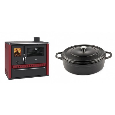 Set Küchenofen / Küchenhexe Prity GT Rot, mit Schublade, Leistung 15 kW + Gusseisen Topf Flach Solagio, Black Onyx, Ф28 - Kaminofen - Holzofen mit Backfach