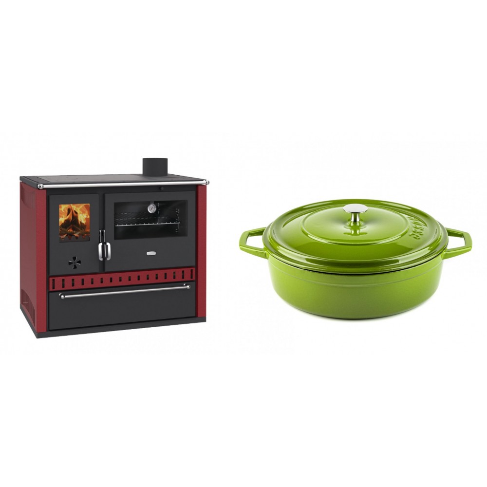 Set Küchenofen / Küchenhexe Prity GT Rot, mit Schublade, Leistung 15 kW + Gusseisen Topf Flach Solagio, Bamboo, Ф28