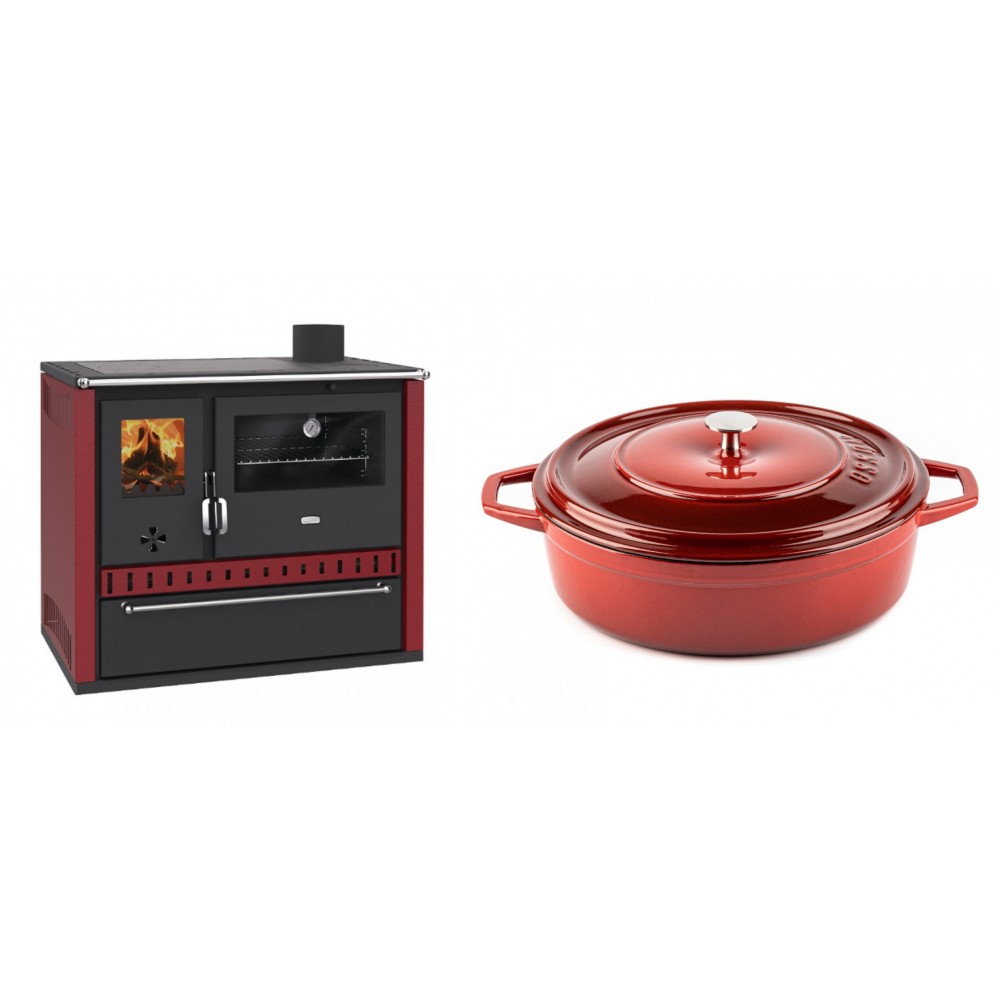 Set Küchenofen / Küchenhexe Prity GT Rot, mit Schublade, Leistung 15 kW + Gusseisen Topf Flach Solagio, Rubin, Ф28