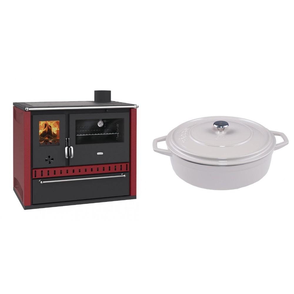 Set Küchenofen / Küchenhexe Prity GT Rot, mit Schublade, Leistung 15 kW + Gusseisen Topf Flach Solagio, Ivory, Ф28