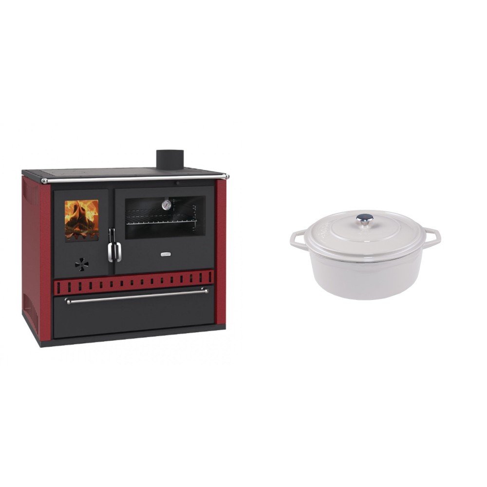 Set Küchenofen / Küchenhexe Prity GT Rot, mit Schublade, Leistung 15 kW + Gusseisen Topf Tiefer Solagio, Ivory, Ф12 | Kaminofen - Holzofen mit Backfach | Kaminofen |