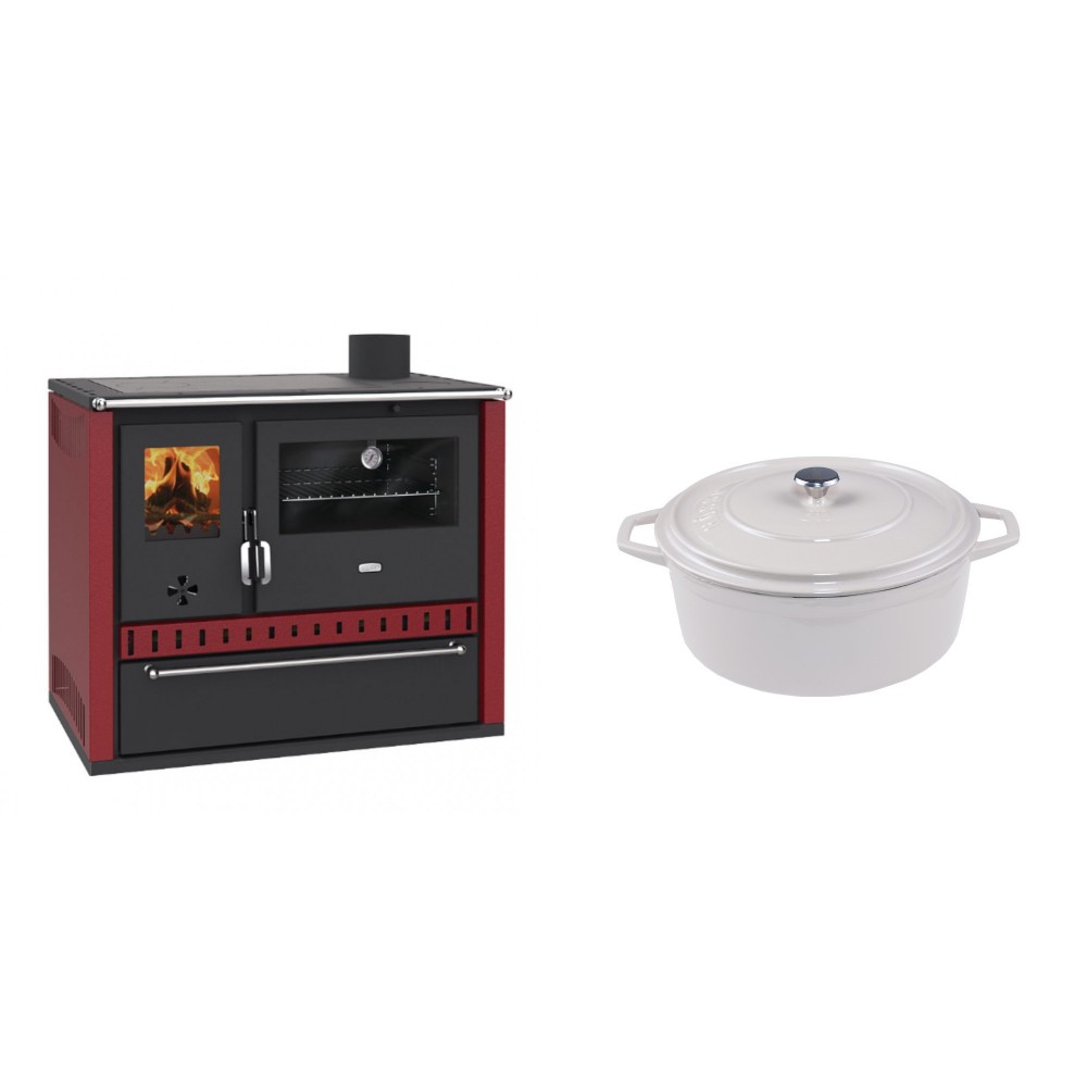 Set Küchenofen / Küchenhexe Prity GT Rot, mit Schublade, Leistung 15 kW + Gusseisen Topf Tiefer Solagio, Ivory, Ф20 | Kaminofen - Holzofen mit Backfach | Kaminofen |