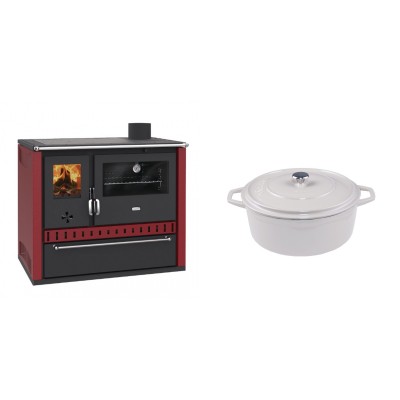 Set Küchenofen / Küchenhexe Prity GT Rot, mit Schublade, Leistung 15 kW + Gusseisen Topf Tiefer Solagio, Ivory, Ф20 - Kaminofen - Holzofen mit Backfach