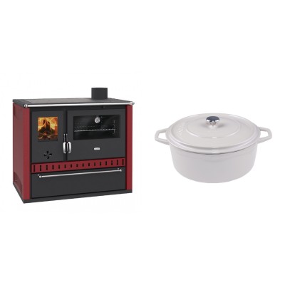 Set Küchenofen / Küchenhexe Prity GT Rot, mit Schublade, Leistung 15 kW + Gusseisen Topf Tiefer Solagio, Ivory, Ф24 - Kaminofen - Holzofen mit Backfach
