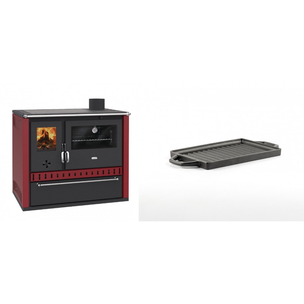 Set Küchenofen / Küchenhexe Prity GT Rot, mit Schublade, Leistung 15 kW + Mini-Grillplatte aus Gusseisen Solagio, 15.5x22.5cm | Kaminofen - Holzofen mit Backfach | Kaminofen |