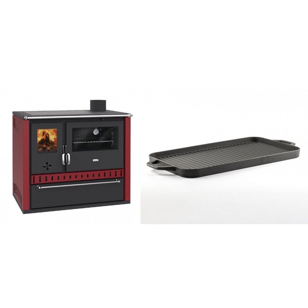 Set Küchenofen / Küchenhexe Prity GT Rot, mit Schublade, Leistung 15 kW + Große Grillplatte aus Gusseisen Solagio, 25x44cm | Kaminofen - Holzofen mit Backfach | Kaminofen |