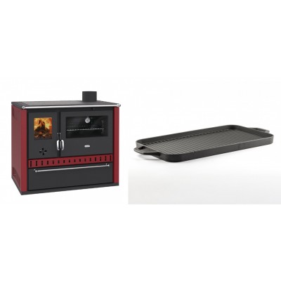 Set Küchenofen / Küchenhexe Prity GT Rot, mit Schublade, Leistung 15 kW + Große Grillplatte aus Gusseisen Solagio, 25x44cm - Kaminofen - Holzofen mit Backfach