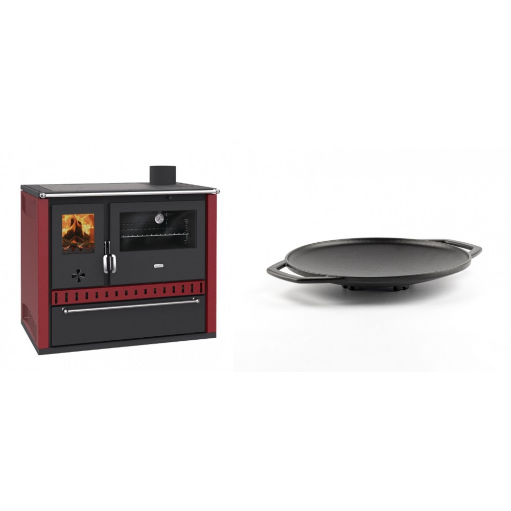 Set Küchenofen / Küchenhexe Prity GT Rot, mit Schublade, Leistung 15 kW + Backplatte aus Gusseisen Solagio, Ф28cm | Kaminofen - Holzofen mit Backfach | Kaminofen |