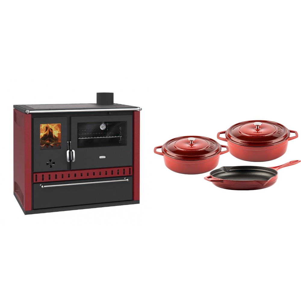 Set Küchenofen / Küchenhexe Prity GT Rot, mit Schublade, Leistung 15 kW + Gusseisen Topf Set aus 3 teilen Solagio, Rubin | Kaminofen - Holzofen mit Backfach | Kaminofen |