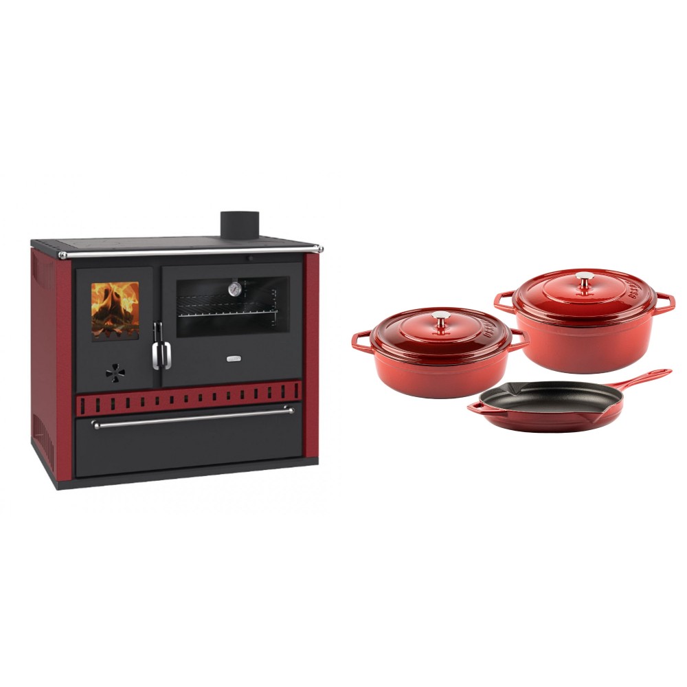 Set Küchenofen / Küchenhexe Prity GT Rot, mit Schublade, Leistung 15 kW + Gusseisen Topf Set aus 3 teilen Solagio, Rubin | Kaminofen - Holzofen mit Backfach | Kaminofen |