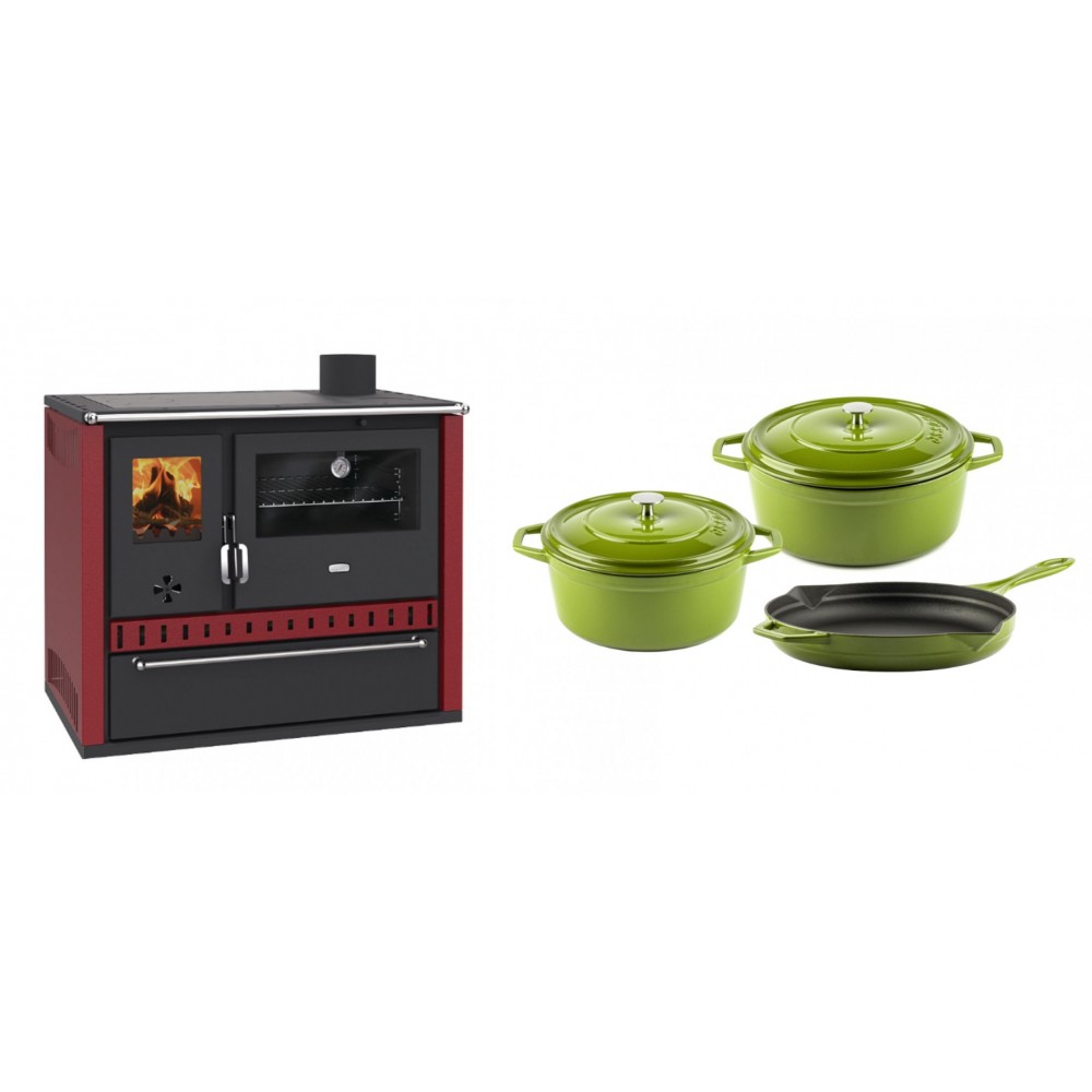 Set Küchenofen / Küchenhexe Prity GT Rot, mit Schublade, Leistung 15 kW + Gusseisen Topf Set aus 3 teilen Solagio, Bamboo