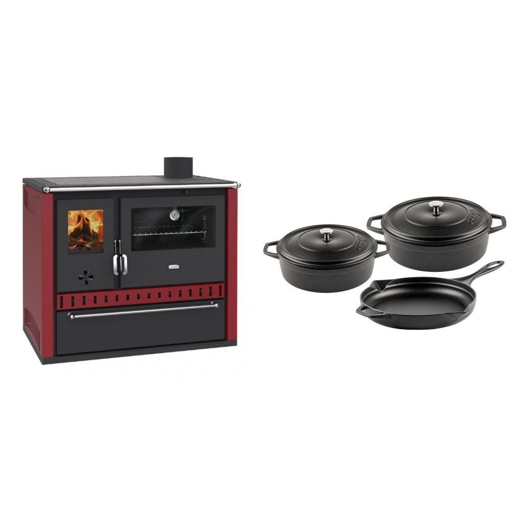Set Küchenofen / Küchenhexe Prity GT Rot, mit Schublade, Leistung 15 kW + Gusseisen Topf Set aus 3 teilen Solagio, Black Onyx