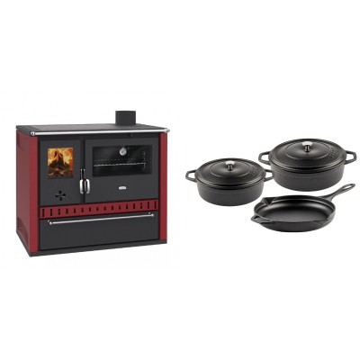 Set Küchenofen / Küchenhexe Prity GT Rot, mit Schublade, Leistung 15 kW + Gusseisen Topf Set aus 3 teilen Solagio, Black Onyx - Kaminofen - Holzofen mit Backfach