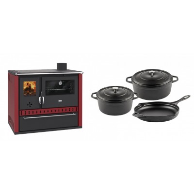 Set Küchenofen / Küchenhexe Prity GT Rot, mit Schublade, Leistung 15 kW + Gusseisen Topf Set aus 3 teilen Solagio, Black Onyx - Kaminofen - Holzofen mit Backfach