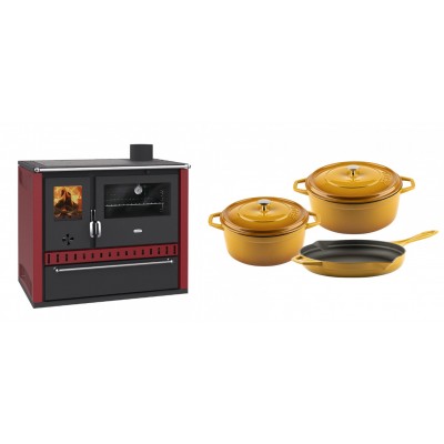 Set Küchenofen / Küchenhexe Prity GT Rot, mit Schublade, Leistung 15 kW + Gusseisen Topf Set aus 3 teilen Solagio, Dijon - Kaminofen - Holzofen mit Backfach