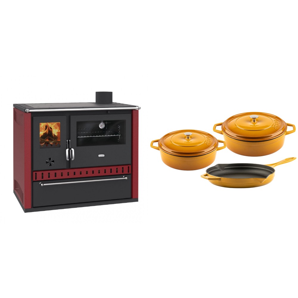 Set Küchenofen / Küchenhexe Prity GT Rot, mit Schublade, Leistung 15 kW + Gusseisen Topf Set aus 3 teilen Solagio, Dijon | Kaminofen - Holzofen mit Backfach | Kaminofen |