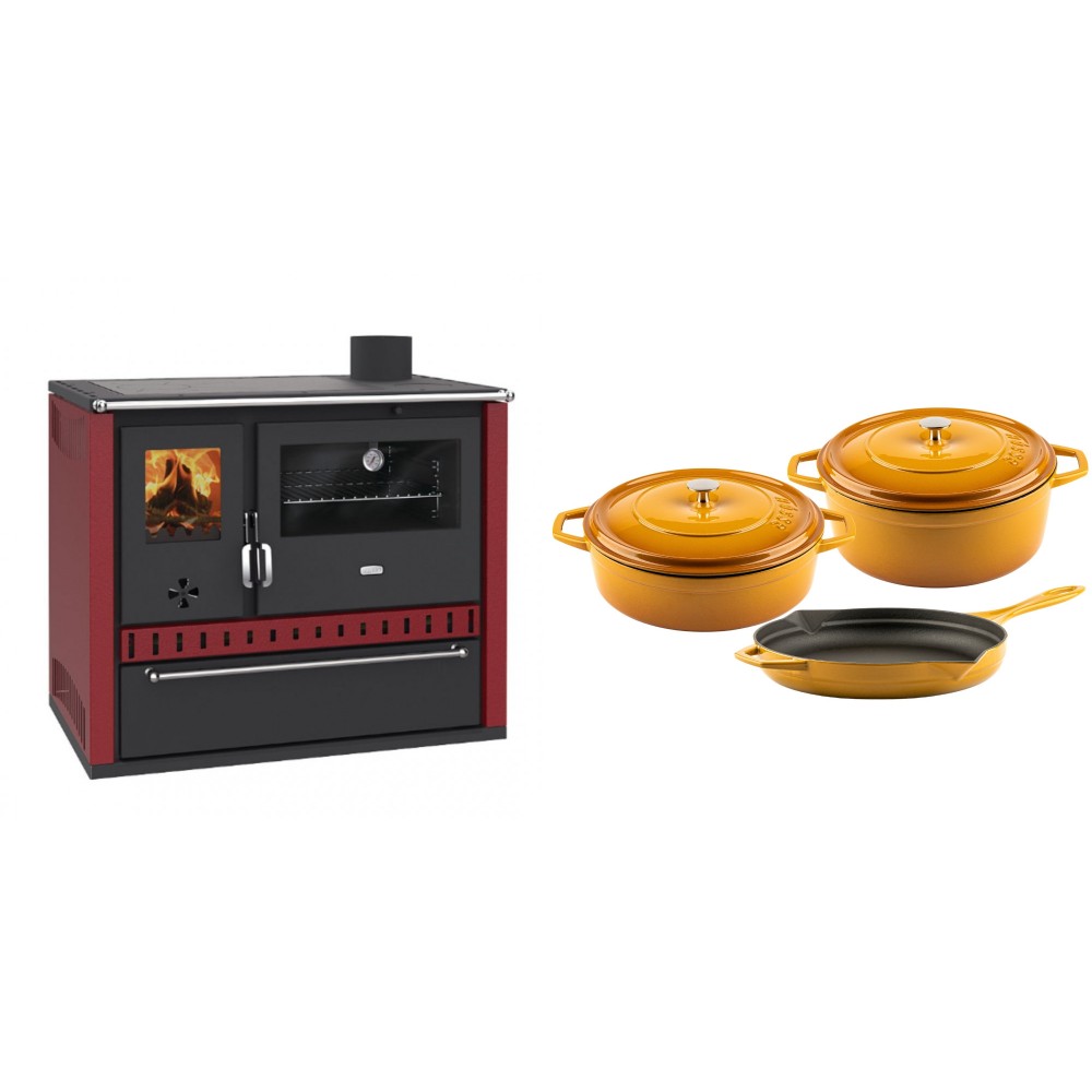 Set Küchenofen / Küchenhexe Prity GT Rot, mit Schublade, Leistung 15 kW + Gusseisen Topf Set aus 3 teilen Solagio, Dijon | Kaminofen - Holzofen mit Backfach | Kaminofen |