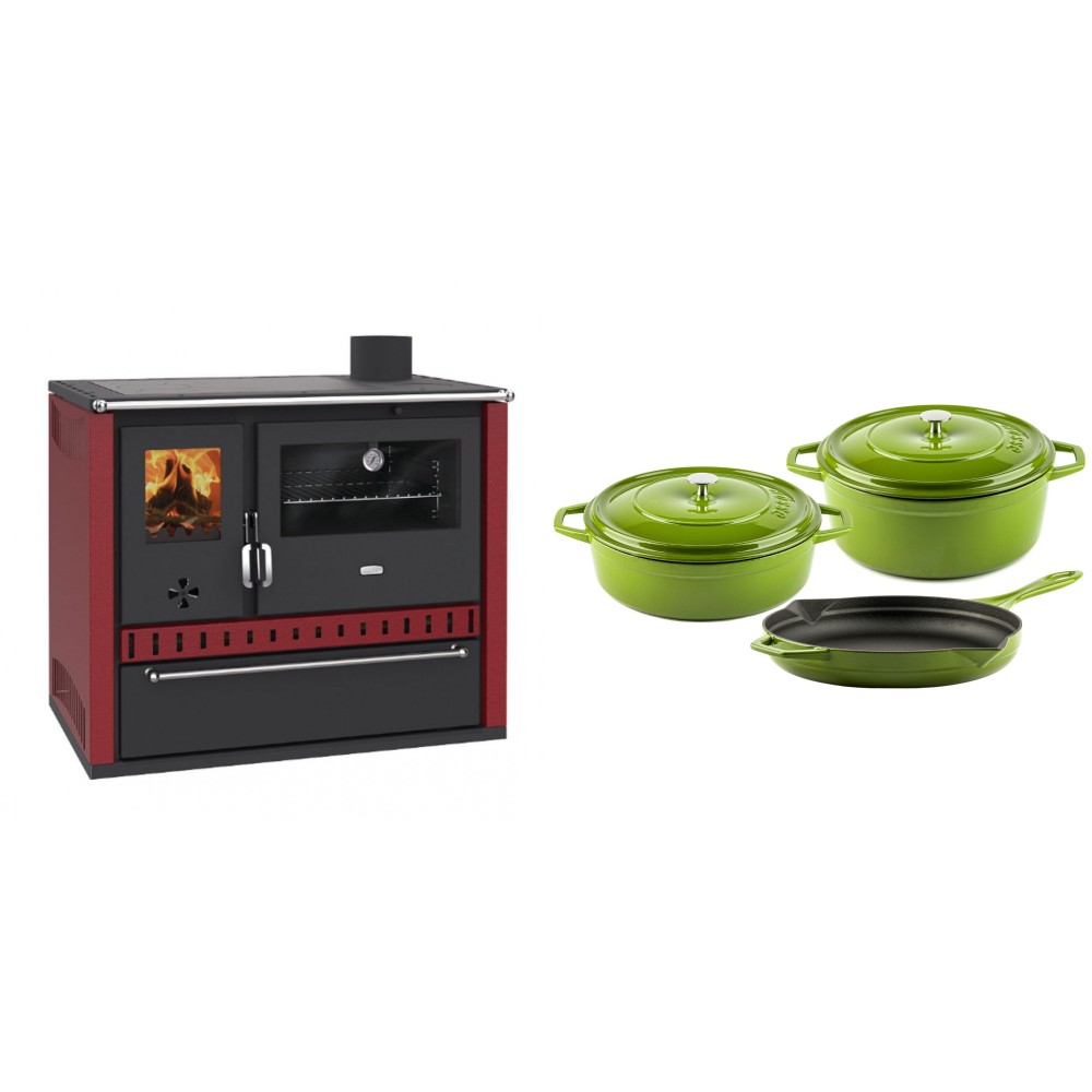 Set Küchenofen / Küchenhexe Prity GT Rot, mit Schublade, Leistung 15 kW + Gusseisen Topf Set aus 3 teilen Solagio, Bamboo | Kaminofen - Holzofen mit Backfach | Kaminofen |