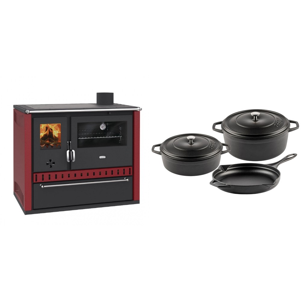 Set Küchenofen / Küchenhexe Prity GT Rot, mit Schublade, Leistung 15 kW + Gusseisen Topf Set aus 3 teilen Solagio, Black Onyx | Kaminofen - Holzofen mit Backfach | Kaminofen |