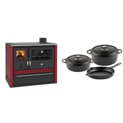 Set Küchenofen / Küchenhexe Prity GT Rot, mit Schublade, Leistung 15 kW + Gusseisen Topf Set aus 3 teilen Solagio, Black Onyx - Kaminofen - Holzofen mit Backfach