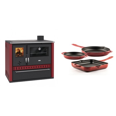 Set Küchenofen / Küchenhexe Prity GT Rot, mit Schublade, Leistung 15 kW + Gusseisen Topf Set aus 3 teilen Solagio, Rubin - Kaminofen - Holzofen mit Backfach