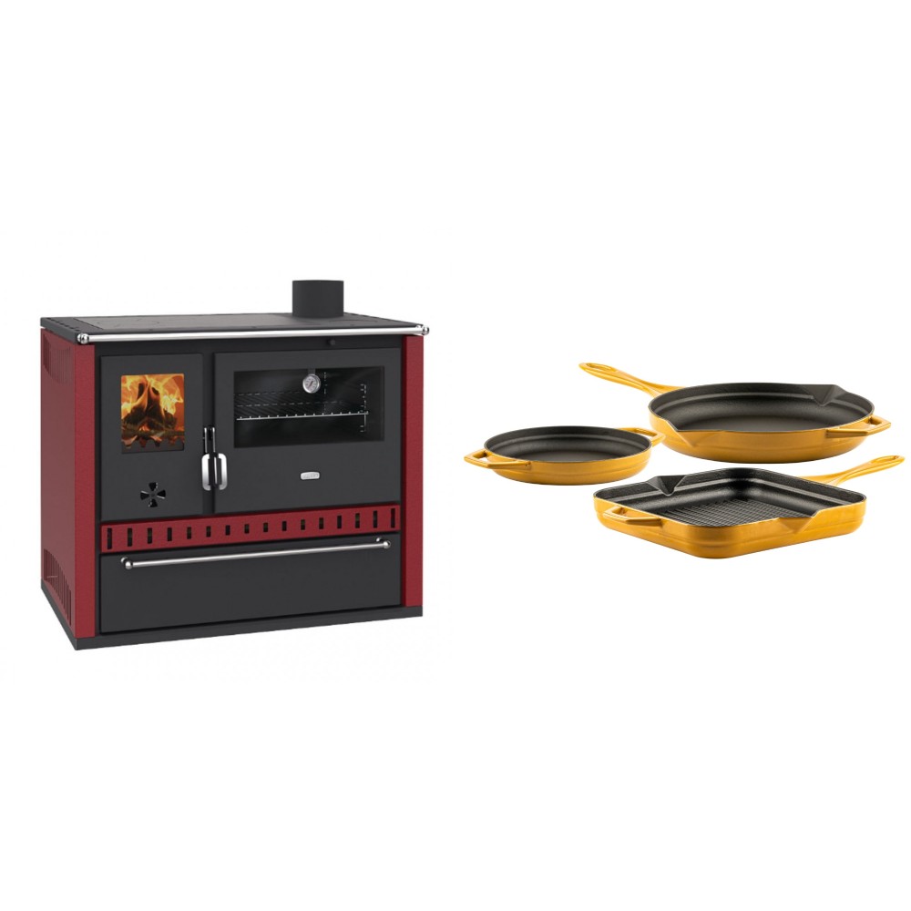 Set Küchenofen / Küchenhexe Prity GT Rot, mit Schublade, Leistung 15 kW + Gusseisen Topf Set aus 3 teilen Solagio, Dijon